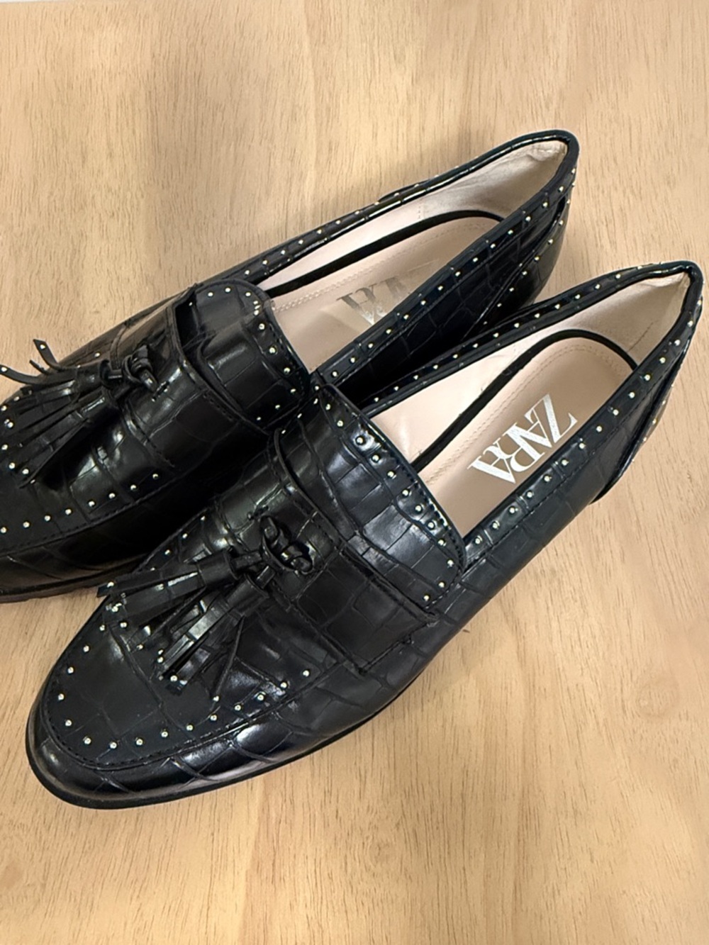 Zara Black Croc-Embossed Tassel Loafers with Stud Detail